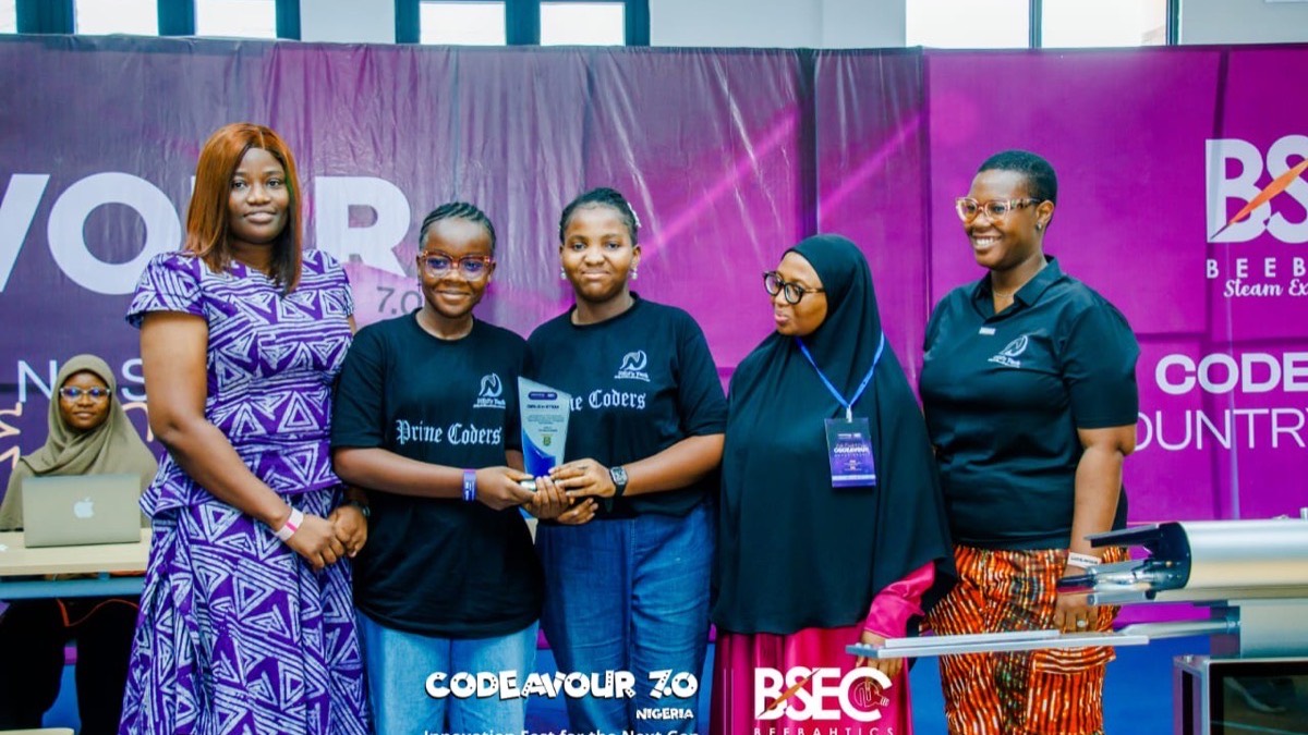 Team Prime Coders holding their award at the Codeavour 7.0 national robotics championship in Lagos